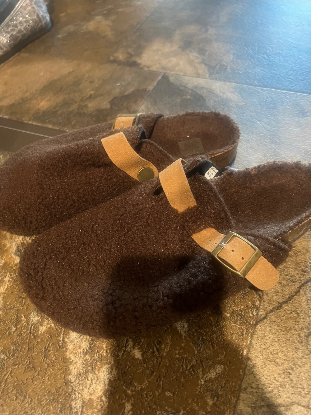 SHEIN Dark Brown Fuzzy Slip-On Moccasin Clogs with Tan Buckle Straps